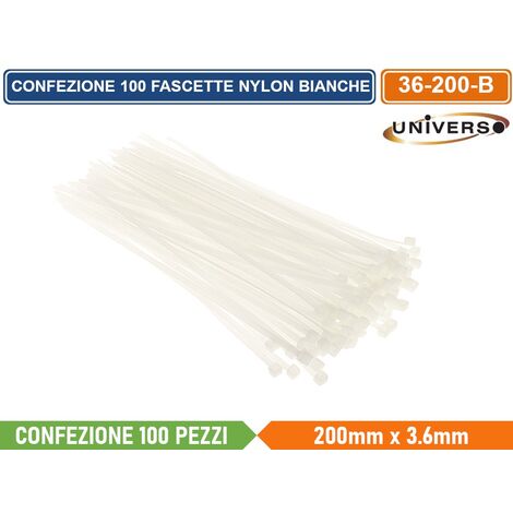 CONFEZIONE 100 PEZZI FASCETTE SERRACAVO AUTOBLOCCANTI IN NYLON BIANCO 3.6mm X 200mm
