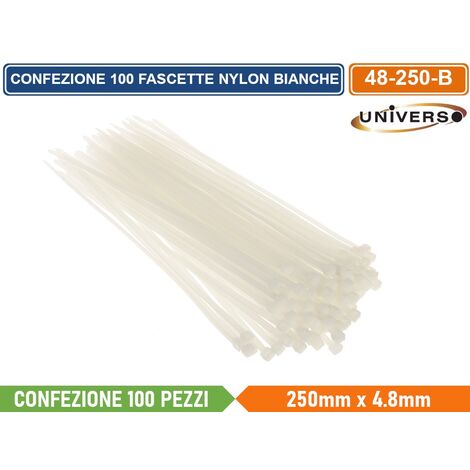 CONFEZIONE 100 PEZZI FASCETTE SERRACAVO AUTOBLOCCANTI IN NYLON BIANCO 4.8mm X 250mm