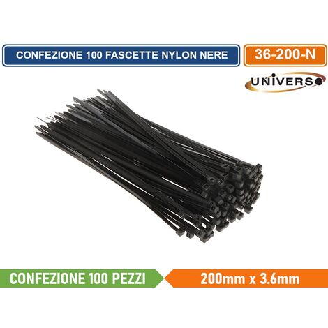 CONFEZIONE 100 PEZZI FASCETTE SERRACAVO AUTOBLOCCANTI IN NYLON NERO 3.6mm X 200mm