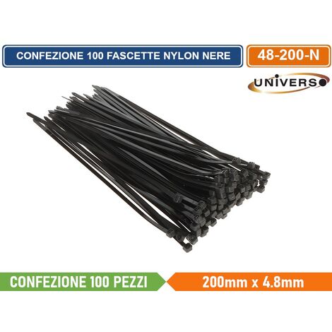 CONFEZIONE 100 PEZZI FASCETTE SERRACAVO AUTOBLOCCANTI IN NYLON NERO 4.8mm X 200mm