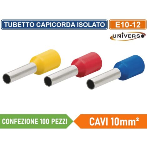 CONFEZIONE 100 PEZZI TUBETTO TERMINALE CAPICORDA ISOLATO PER CAVI DA 10mm² TERMINALE DA 12mm - GIALLO ROSSO BLU - Colore Struttura:Blu