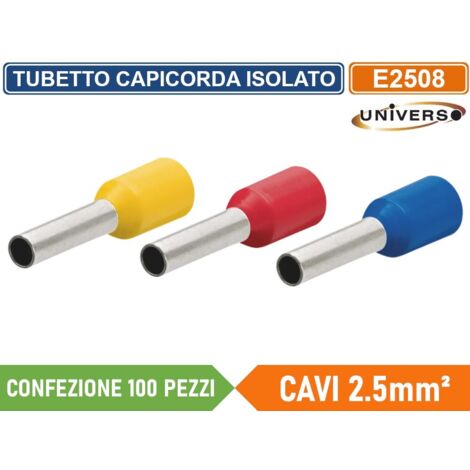 CONFEZIONE 100 PEZZI TUBETTO TERMINALE CAPICORDA ISOLATO PER CAVI DA 2.5mm² TERMINALE DA 8mm - GIALLO ROSSO BLU - Colore Struttura:Rosso