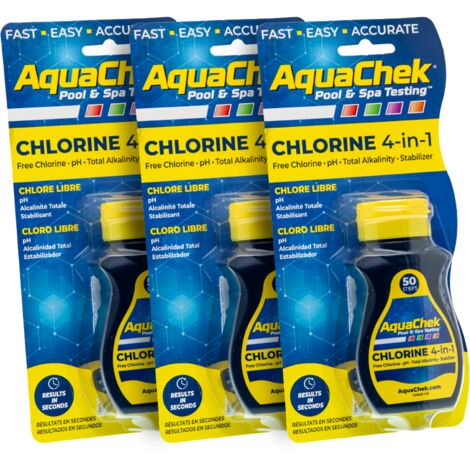 Confezione 3 strisce analitiche Aquachek Yellow per cloro, pH, alcalinità e acido cianurico.