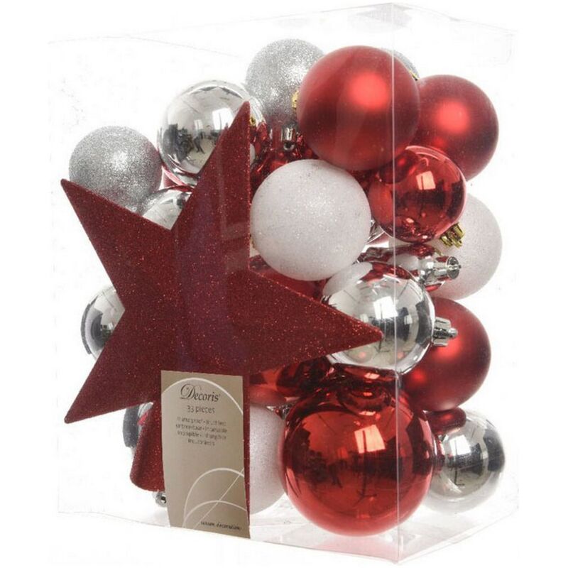 Confezione di 33 accessori per albero argento, rosso e bianco opaco
