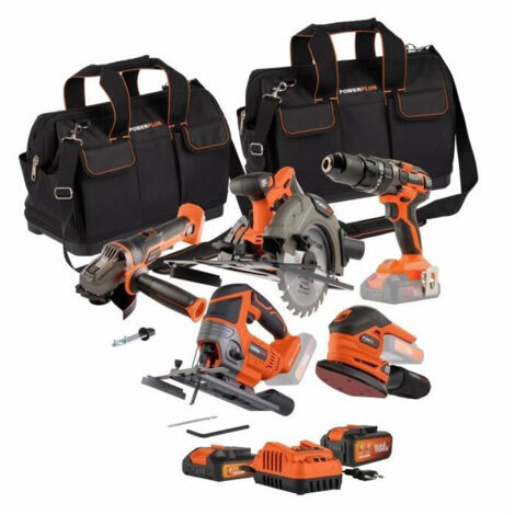Confezione 4 utensili - DUAL POWER - 20 V - Trapano/avvitatore + smerigliatrice angolare + levigatrice a mano + sega circolare - 2 batterie