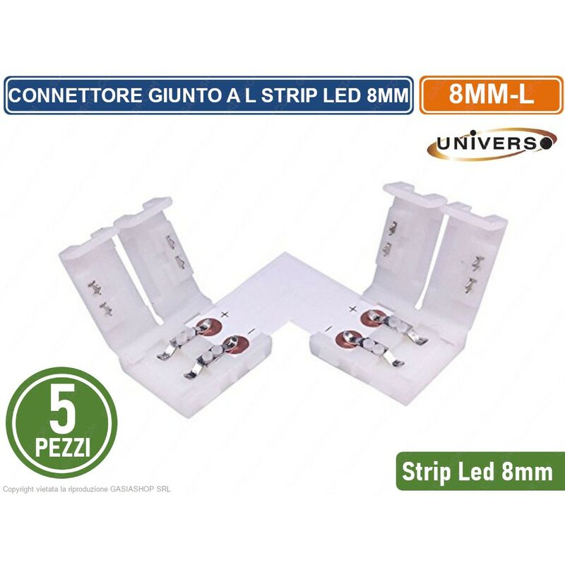 Image of Confezione 5 Pezzi Connettore Angolare Per Striscia Strip Led Monocolore 2 Pin 8mm Spinotto 12v/24v Smd