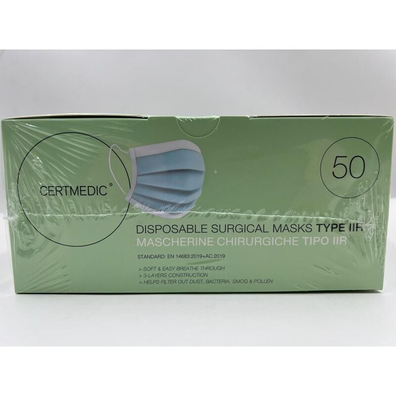 Image of Certmedic - Confezione 50 mascherine chirurgiche certificate ce mascherina per adulto adulti colore celeste con elastici