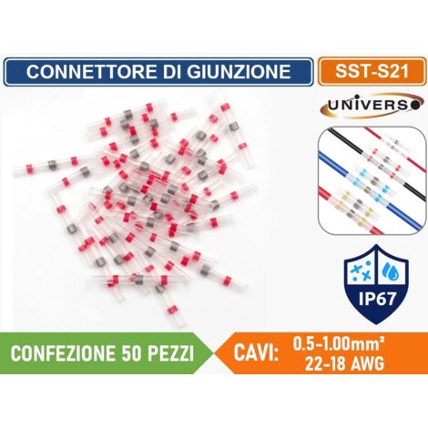 CONFEZIONE 50 PEZZI CONNETTORE DI GIUNZIONE ISOLATO AUTOSALDANTE A CALDO PER CAVI DA 0.5mm² A 1.00mm² IP67