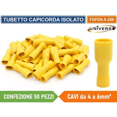 CONFEZIONE 50 PEZZI FDFD5.5-250 TERMINALE ISOLATO CAPICORDA FEMMINA PER CAVI DA 4mm² A 6mm - GIALLO