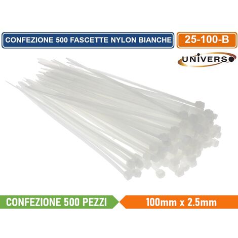 CONFEZIONE 500 PEZZI FASCETTE SERRACAVO AUTOBLOCCANTI IN NYLON BIANCO 2.5mm X 100mm