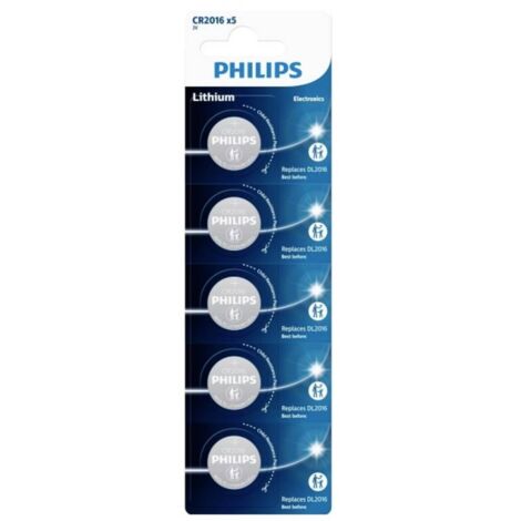 Confezione blister da 5 batterie a bottone al litio Philips CR2016
