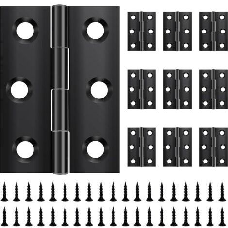 Confezione da 10 cerniere pieghevoli, 44 mm × 31 mm, in acciaio inox, nere, piccole, per porte, finestre e armadi, con 60 viti.