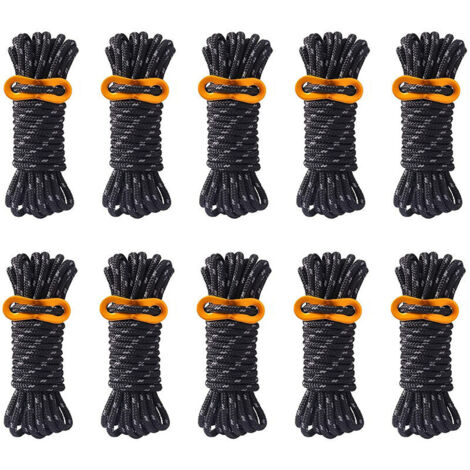 Confezione da 10 corde da campeggio riflettenti da 4 mm con tenditori in alluminio per tende da campeggio, teloni, tende da sole (nero)
