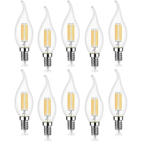 Confezione da 10 lampadine a filamento LED E14 da 4 W, 470 lm, fiamma a candela, bianco freddo 6000 K, non dimmerabili, angolo del fascio di 360°