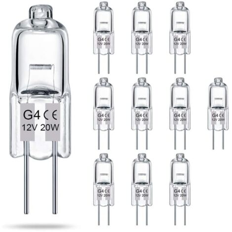 Confezione da 10 lampadine alogene a bassa tensione G4 trasparenti, 12V 20W, regolabili, lunga durata, a due perni, per lampade di cristallo e diffusori di aromaterapia