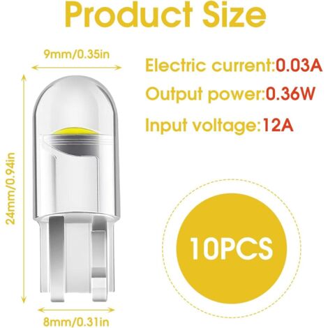 Confezione da 10 lampadine LED per auto W5W T10 - Illuminazione interna ad alte prestazioni, 6500K 120LM COB - Sostituzione universale per 168, 2825, 194