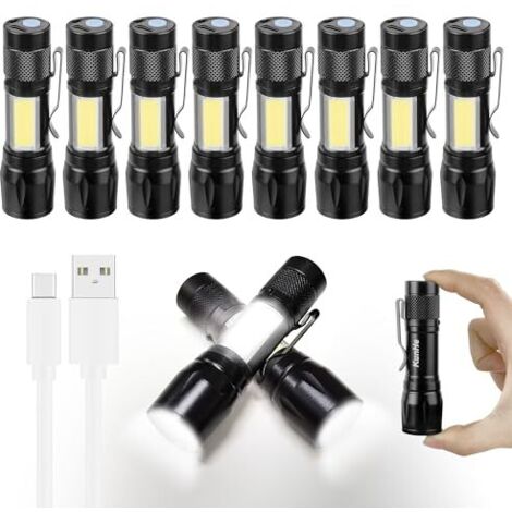 Confezione da 10 mini torce LED ricaricabili USB-C, torce EDC compatte ad alta luminosità con luce laterale COB, torcia con clip zoomabile per campeggio, emergenze e regali