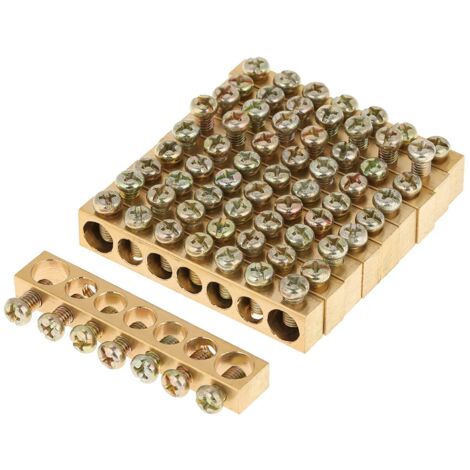 Confezione da 10 morsetti a vite con 7 fori per distribuzione elettrica, barra di terra e neutro in ottone.