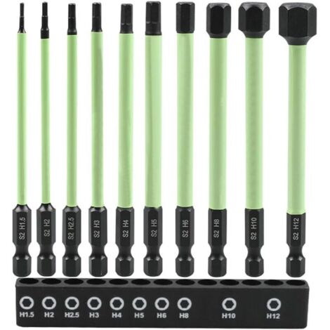 Confezione da 10 punte esagonali lunghe 100 mm 1/4" S2, ideali per avvitatori a batteria, da H1.5 a H12. Punte resistenti e precise.