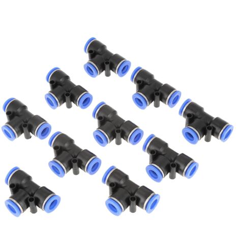 Confezione da 10 raccordi pneumatici a T da 10 mm (3/8") per linee pneumatiche. Raccordo a innesto rapido per tubi.