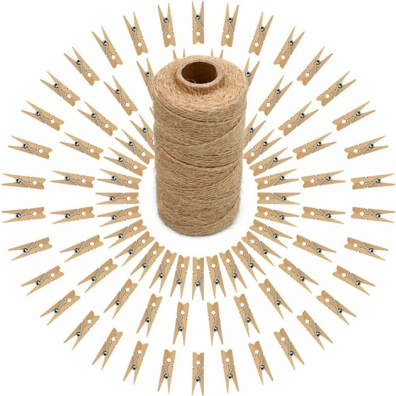 Image of Rhafayre - Confezione da 100 mollette in legno naturale 91 m spago di iuta per foto, calendario, scrapbooking, imballaggio, decorazione, mollette