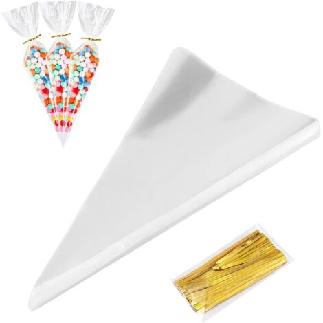 Confezione da 100 sacchetti trasparenti per caramelle - 25 x 13 cm - Con 100 lacci - Realizzati in cellophane trasparente - Per caramelle, cioccolato, biscotti, popcorn