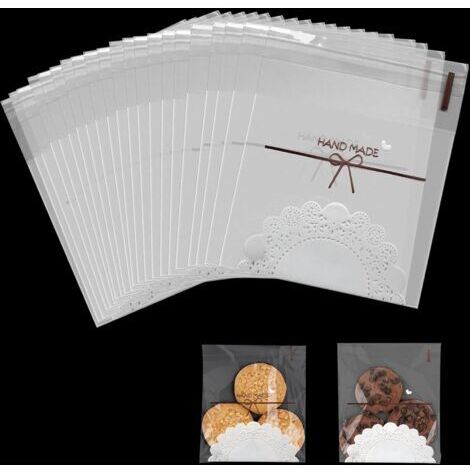 Confezione da 100 sacchettini in cellophane fatti a mano, richiudibili, trasparenti, autoadesivi, per biscotti, caramelle, gioielli, regali e forcine per capelli (10 x 10 cm)
