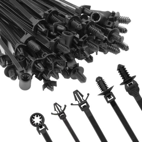 Confezione da 110 fascette stringicavo nere autobloccanti e resistenti ai raggi UV in nylon, ideali per l'industria automobilistica e per il raggruppamento di cavi in ambienti interni.