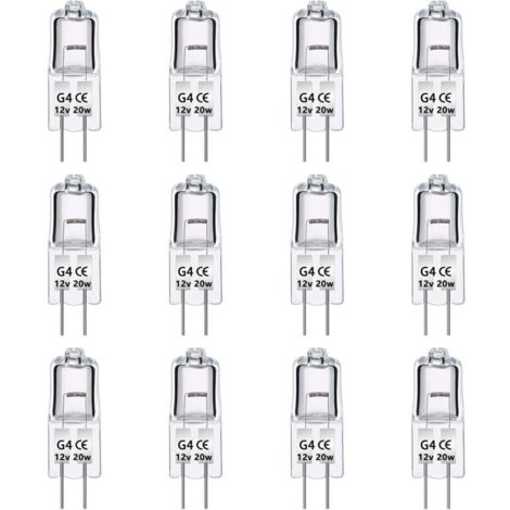 Confezione da 12 lampadine alogene G4 12V 20W, dimmerabili, bianco caldo 2700K, 280LM, lampada alogena G4 a bassa tensione, capsula trasparente, per lampadari, armadi e plafoniere.