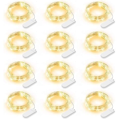 Confezione da 12 luci a LED, 2 m, 20 LED, luci a batteria, luci a LED impermeabili IP65, decorazione per camera da letto, Natale, matrimonio, festa, giardino, bianco caldo (bianco caldo)