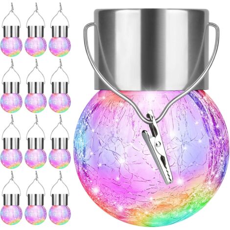 Confezione da 12 luci solari a sospensione per esterni - Luci solari in vetro frantumato Luci decorative a LED impermeabili per alberi con globo con ganci per giardino, patio, recinzione, decorazioni 