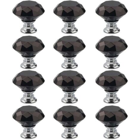 Confezione da 12 maniglie per mobili in cristallo nero, pomelli per mobili con dimensioni, pomelli per porte, maniglie per cassetti, maniglie per porte per cucina, ufficio, camera da letto, guardaroba