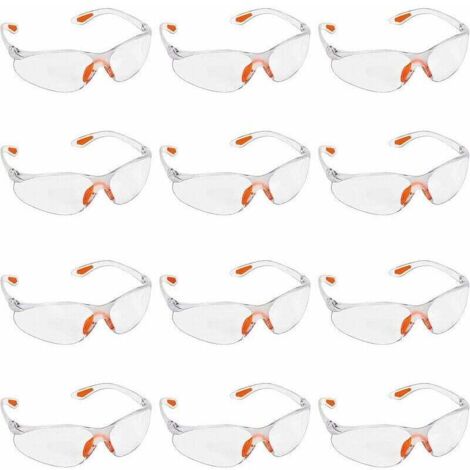 Confezione da 12 occhiali di sicurezza trasparenti - Occhiali protettivi con lenti in plastica, ponte nasale in gomma e punte delle tempie per il massimo comfort - Occhiali DPI trasparenti