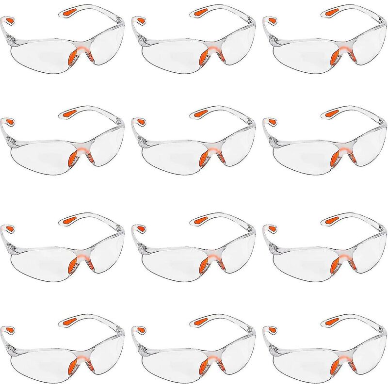 Image of Confezione da 12 occhiali protettivi trasparenti - Occhiali protettivi con lenti in plastica, ponte nasale e stanghette in gomma per il massimo
