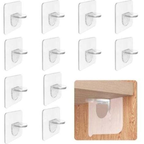 Confezione da 12 supporti per mensole, staffe di supporto trasparenti, supporti autoadesivi a L con foro per mensole di mobili, librerie e armadi (6 x 6 cm)