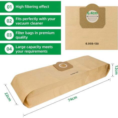 Confezione da 15 sacchetti per aspirapolvere Kärcher 6.959-130.0, sacchetti filtro in carta per aspirapolvere Kärcher, WD3 1629 MV3 Premium A2201/2204/2504/2554/2251/2604, sacchetti per aspirapolvere 