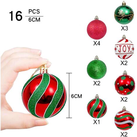 Confezione da 16 decorazioni per l'albero di Natale infrangibili, da appendere all'albero di Natale (16 palline) - Design con elfo rosso, verde e bianco