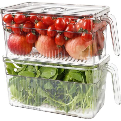 Confezione da 2 contenitori in plastica per alimenti per frigorifero, contenitori impilabili per lattuga con vassoio di drenaggio rimovibile per mantenere freschi verdura/frutta/bacche/insalata - 25,4