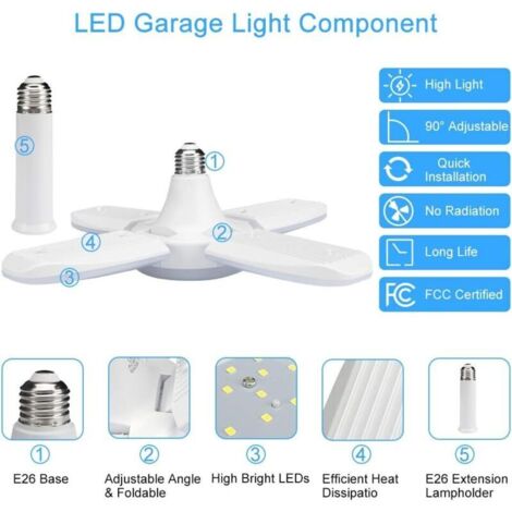 Confezione da 2 lampade a LED per garage, 60W E27 6000K, lampada da officina deformabile con 4 pannelli regolabili, plafoniera a LED per garage, officina, magazzino, cantina, palestra, cucina (bianco 