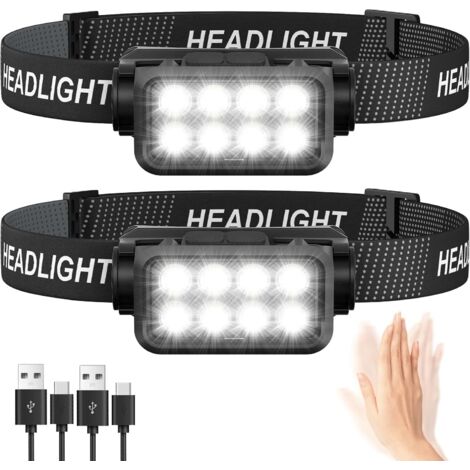 Confezione da 2 lampade frontali a LED ricaricabili, super luminose, 2500 lumen, 5 modalità di illuminazione, leggere, impermeabili IPX6, con sensore di luce, per campeggio, corsa, pesca all'aperto [C