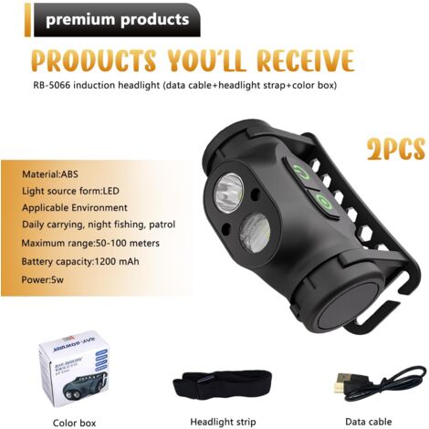 Confezione da 2 lampade frontali LED ricaricabili - Lampada frontale ricaricabile - Orientabile a 90° - Sensore intelligente - 4 modalità magnetiche - IP66 tipo C - Per campeggio, pesca, riparazioni, 
