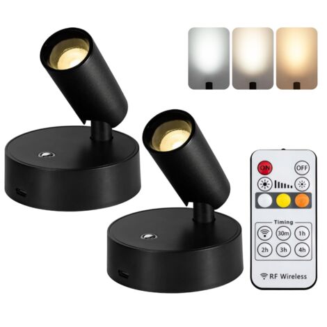 Confezione da 2 luci da parete a LED wireless con telecomando, faretto magnetico ricaricabile, rotazione di 350°, dimmerabile, per la lettura (nero)