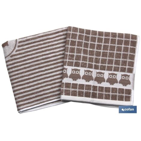Confezione da 2 panni da cucina  Dimensioni: 50 x 50 cm  Color terra con stampe