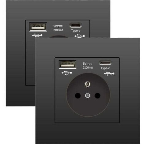 Confezione da 2 prese a muro con USB e Type-C, 5 V 2,1 A, presa USB da incasso standard UE, ciabatta francese, 110-250 V (nera)