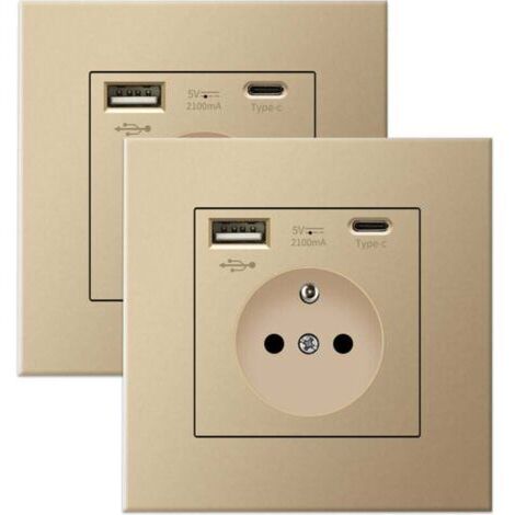 Confezione da 2 prese a muro con USB e Type-C, 5 V 2,1 A, presa USB da incasso standard UE, ciabatta francese, 110-250 V (oro)