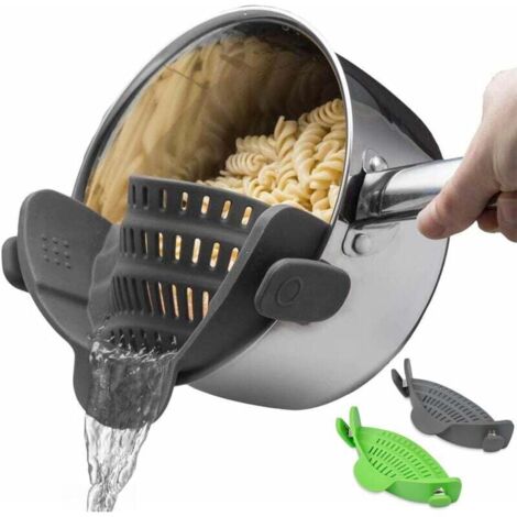Confezione da 2 scolapasta in silicone con clip per pentole e padelle - Design pieghevole - Colino resistente al calore per verdure e pasta - Verde/Grigio