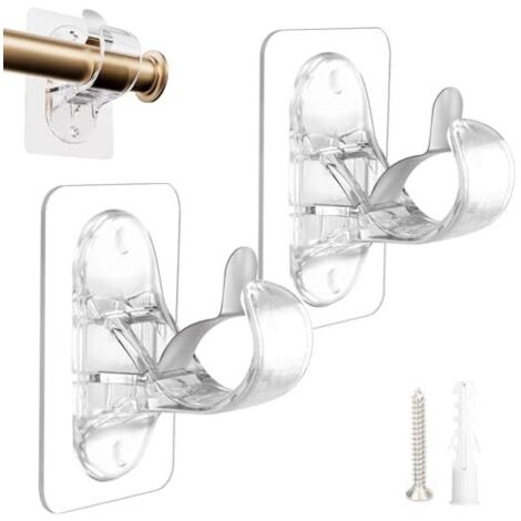 Confezione da 2 supporti per aste per tende senza fori, adesivi, senza fori, ganci adesivi resistenti (trasparenti)