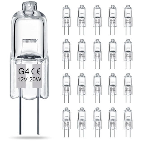 Confezione da 20 lampadine alogene a bassa tensione G4 trasparenti, 12V 20W, regolabili, lunga durata, a due perni, per lampade di cristallo e diffusori di aromaterapia