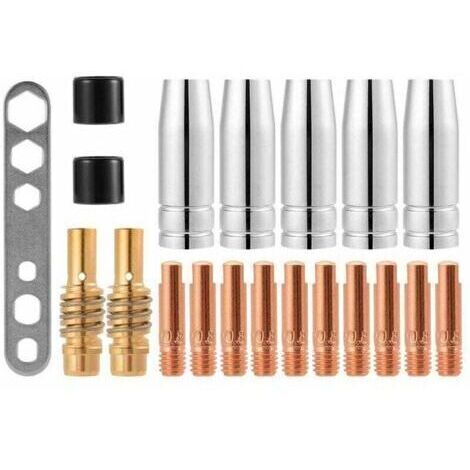 Confezione da 20 punte di contatto per ugello di saldatura MIG/MAG 15AK, attacco gas M6 0,8 x 25 mm (10 x contatti, 5 x ugelli, 2 x tappi, 2 x isolanti, 1 x utensile)