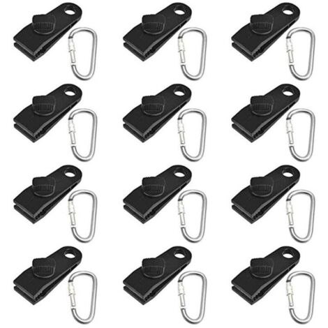 Confezione da 24 clip per tende, morsetti per tendalini, clip per teloni, per il fissaggio di teloni, clip per campeggio in plastica con moschettone in acciaio inox (nero)